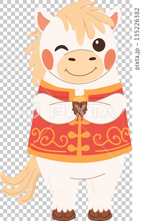 Festive white horse cartoon illustration for chinese new year. Zodiac animal character representing good fortune and prosperity Festive white horse cartoon illustration for chinese new year. Zodiac animal character representing good fortune and prosperity 135226382