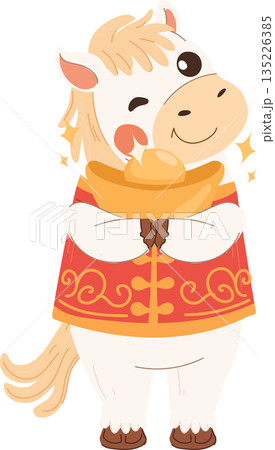 chinese new year white horse cartoon holding gold ingot festive zodiac illustration 135226385