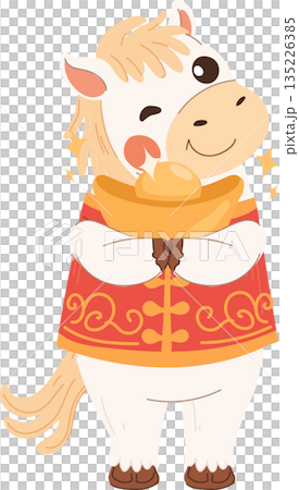chinese new year white horse cartoon holding gold ingot festive zodiac illustration 135226385