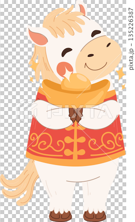 friendly white horse character celebrating year of the horse in chinese new year, holding fortune gold 135226387