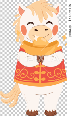 cute white horse hugging a gold ingot with eyes closed celebrating chinese new year 135226410