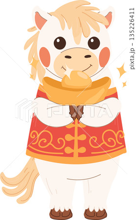 cute white horse holding a gold ingot with open eyes celebrating chinese new year 135226411
