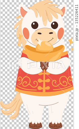 cute white horse holding a gold ingot with open eyes celebrating chinese new year 135226411