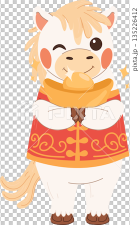 cute white horse winking while holding a gold ingot celebrating chinese new year 135226412
