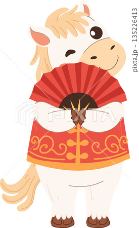 cute white horse winking while holding a red chinese folding fan celebrating chinese new year 135226413