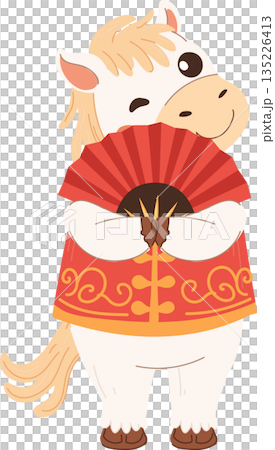 cute white horse winking while holding a red chinese folding fan celebrating chinese new year 135226413