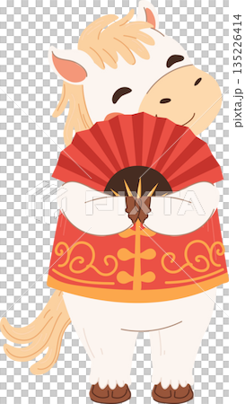 cute white horse with eyes closed holding a red chinese folding fan celebrating chinese new year cute white horse with eyes closed holding a red chinese folding fan celebrating chinese new year 135226414
