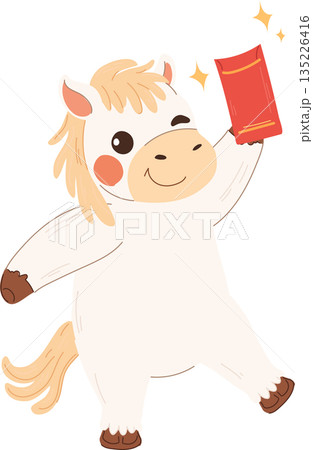 cute white horse happily raising a red envelope celebrating chinese new year cute white horse happily raising a red envelope celebrating chinese new year 135226416