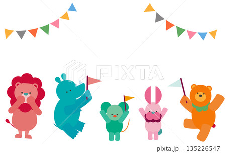 旗を振ってお祝いするかわいい動物たちのイラスト 旗を振ってお祝いするかわいい動物たちのイラスト 135226547
