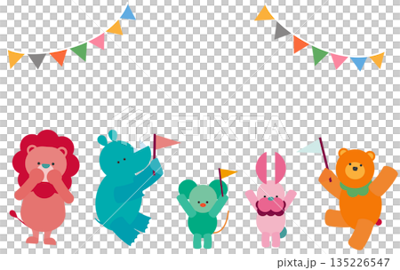旗を振ってお祝いするかわいい動物たちのイラスト 旗を振ってお祝いするかわいい動物たちのイラスト 135226547