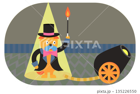 スポットライトの下で手品を披露するマジシャンの犬のイラスト スポットライトの下で手品を披露するマジシャンの犬のイラスト 135226550