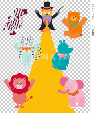 サーカスのステージに集まるかわいい動物たちのイラスト サーカスのステージに集まるかわいい動物たちのイラスト 135226551