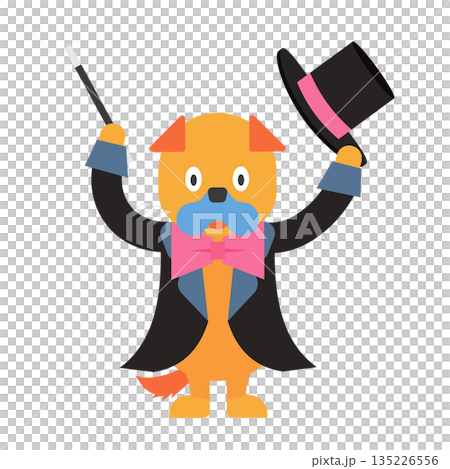 ステッキを持ったかわいいマジシャンの犬のイラスト ステッキを持ったかわいいマジシャンの犬のイラスト 135226556