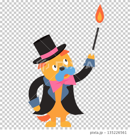 炎を出すかわいいマジシャンの犬のイラスト 135226561