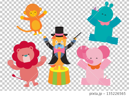 描繪可愛動物在馬戲團表演的插圖 135226565