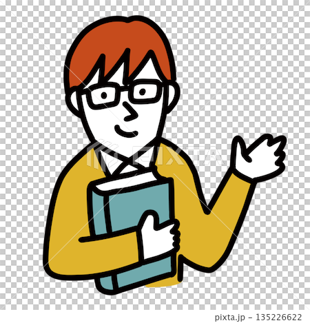 Illustration icon of a junior high school or high school student wearing a uniform, an honor student with glasses holding a book 135226622