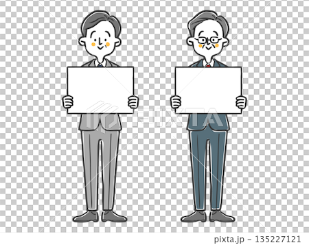 Middle-aged businessman holding a whiteboard, full body vector 135227121