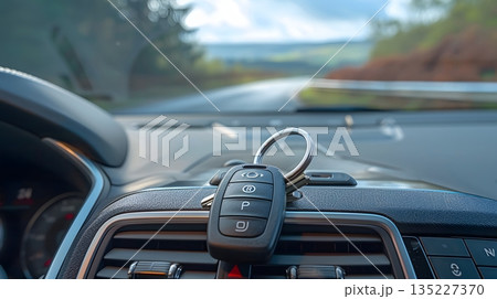 車のスマートキーとドライブ風景 135227370