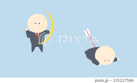 ビジネスイメージイラスト_弓矢で撃つビジネスマンと倒れるビジネスマン 135227566
