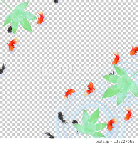 一幅極簡主義日式插畫，描繪了從上方俯瞰的金魚、樹葉和水面漣漪。 135227568