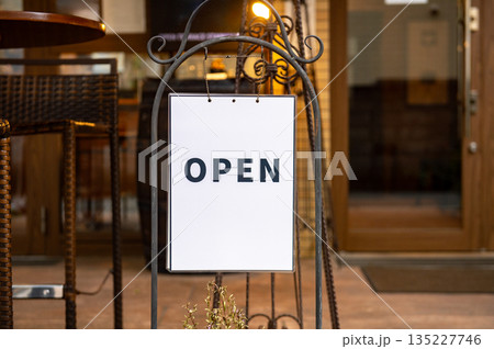 yes we're open sign , vintage restaurant sign , Open sign in street cafe 135227746