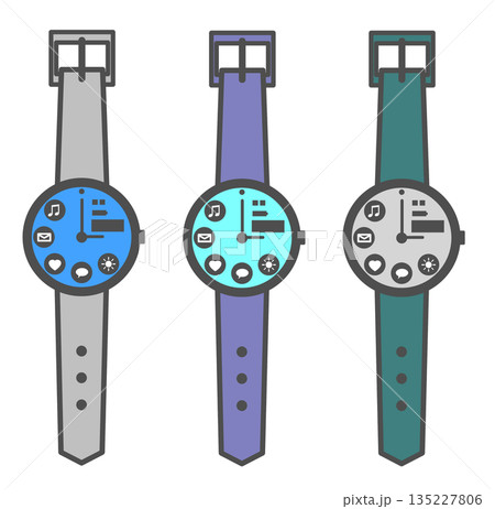 健康管理やメール送受信なども可能で便利なスマート腕時計のイラスト 135227806