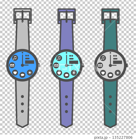 健康管理やメール送受信なども可能で便利なスマート腕時計のイラスト 135227806