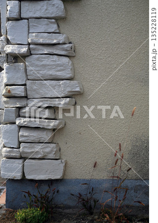 石積み風のモルタル壁とネコジャラシ 135228119