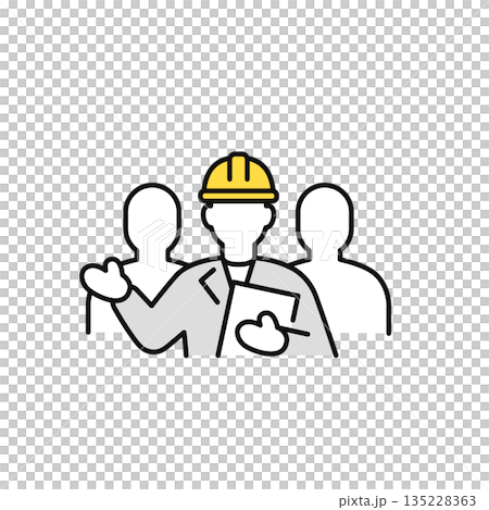 簡單的向量圖標，描繪了一名現場工作人員手持文件並提供指導。 135228363