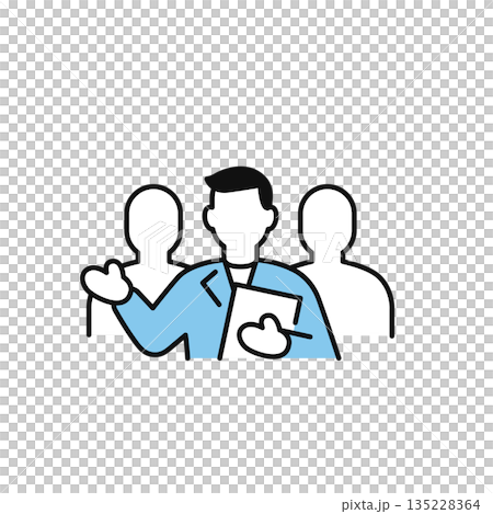 簡單的向量圖標，描繪了一名工作人員手持文件並提供指導。 135228364