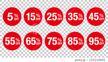 "5%OFF" から "95%OFF" までの文字入りマークのセット　円形　背景透過　赤 135228995