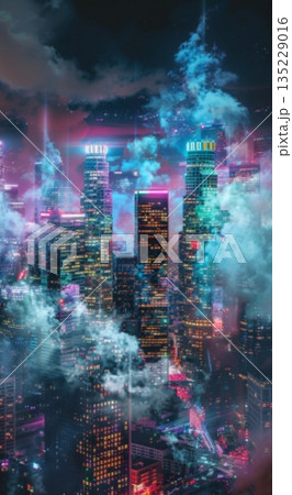 霧の煙る神秘的な都会のビル群の夜景 135229016