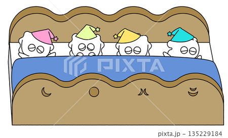 布団に並んで眠るかわいいオバケたちのイラスト 135229184