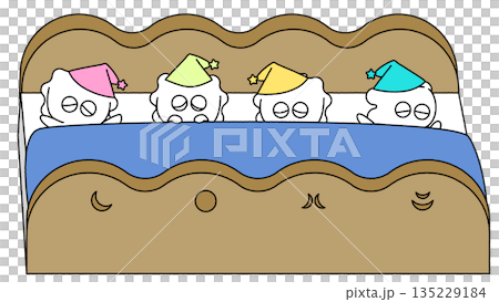 布団に並んで眠るかわいいオバケたちのイラスト 135229184