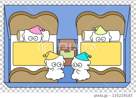 可愛的幽靈在床上睡覺和醒來的插圖 135229185