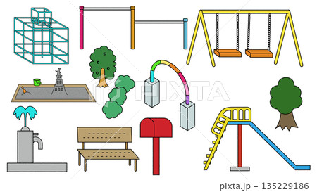 公園で使われる遊具や設備のイラスト素材セット 135229186