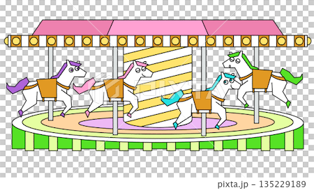 可愛的小馬在旋轉木馬上旋轉的插圖 可愛的小馬在旋轉木馬上旋轉的插圖 135229189