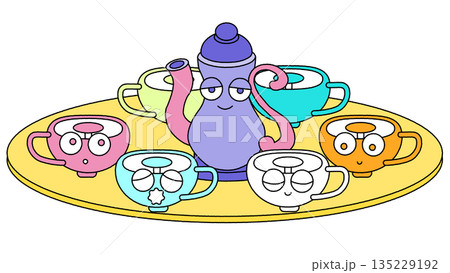 ティーポットとカップが並んだかわいいティーセットのイラスト 135229192