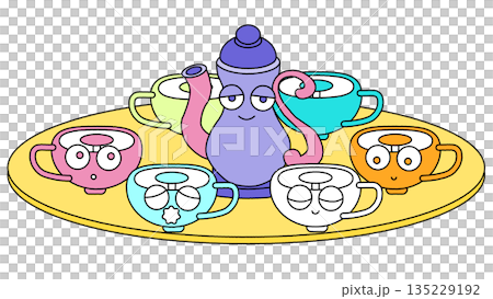 ティーポットとカップが並んだかわいいティーセットのイラスト 135229192