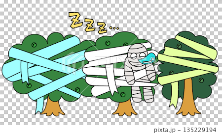 樹木間睡著的木乃伊男子的插圖 135229194