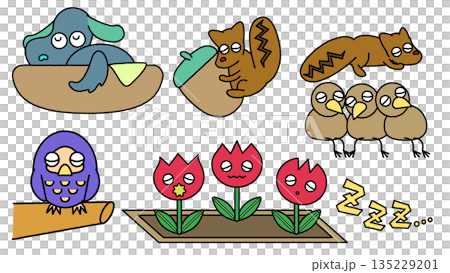 可愛的動植物睡眠和生長的插圖素材 可愛的動植物睡眠和生長的插圖素材 135229201