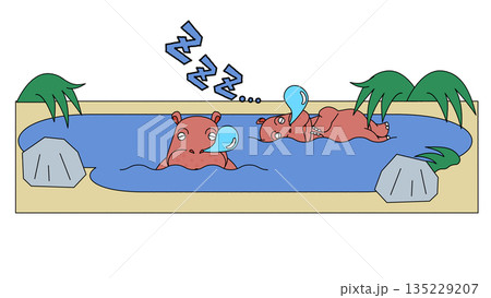 水辺で眠っているカバの親子のイラスト 135229207