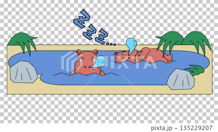 水辺で眠っているカバの親子のイラスト 135229207