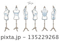 洋裁・アパレル用トルソーの水彩風カラーイラストセット 複数アングルの手描きマネキン素材 135229268