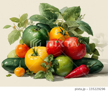彩り豊かなトマトと夏野菜のナチュラル静物アート｜ヘルシーライフを彩る素材に最適 135229296