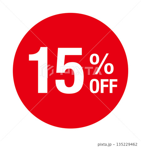 ”15%OFF” の文字入りマーク　円形　背景透過　赤色 135229462