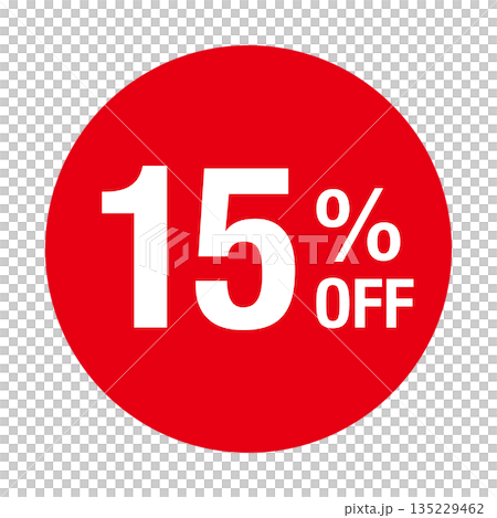 ”15%OFF” の文字入りマーク　円形　背景透過　赤色 135229462