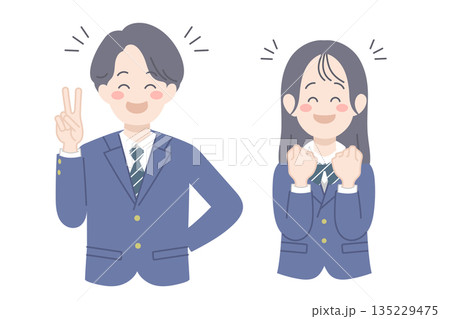 嬉しそうな表情の学生　男女　イラスト 135229475