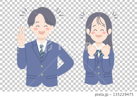嬉しそうな表情の学生　男女　イラスト 135229475