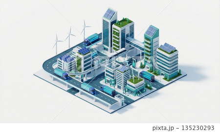 再生可能エネルギーを活用する未来のスマートシティの俯瞰図 135230293
